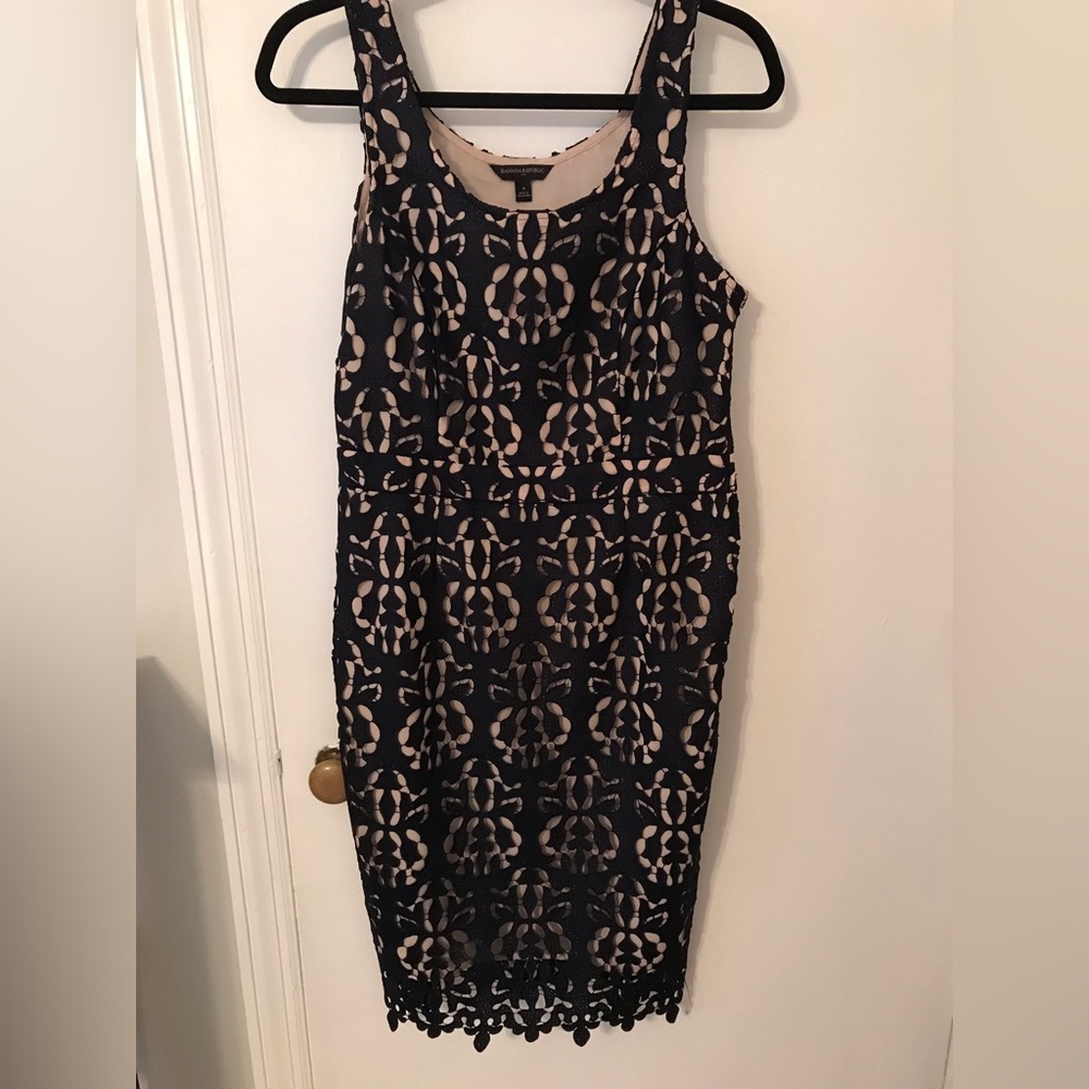Navy blue embroidered lace sheath dress from banana republic